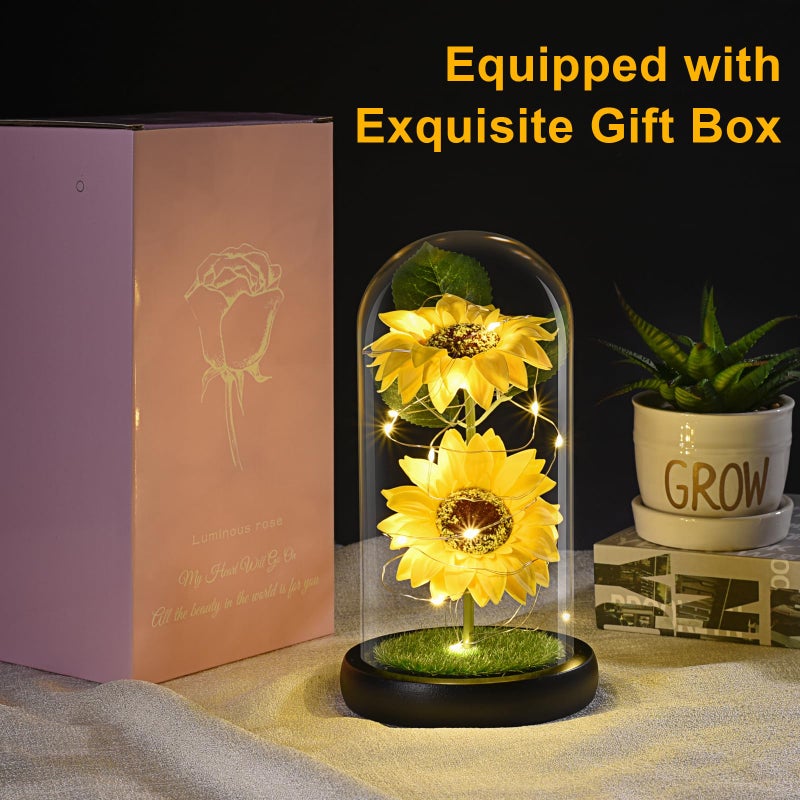 socathey Sunflower Gifts for Women  Artificial Sunflowers in Glass Dome with LED Strip  1PSC Sunflower Decor on Mother's Day  Valentine's Day  Christmas  Thanksgiving  Birthday (Yellow-New) - Image 5